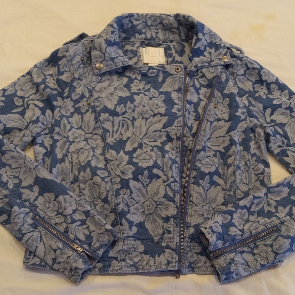 Forever 21 Women's Size Large Blue Floral Denim Motto Jacket Zipper